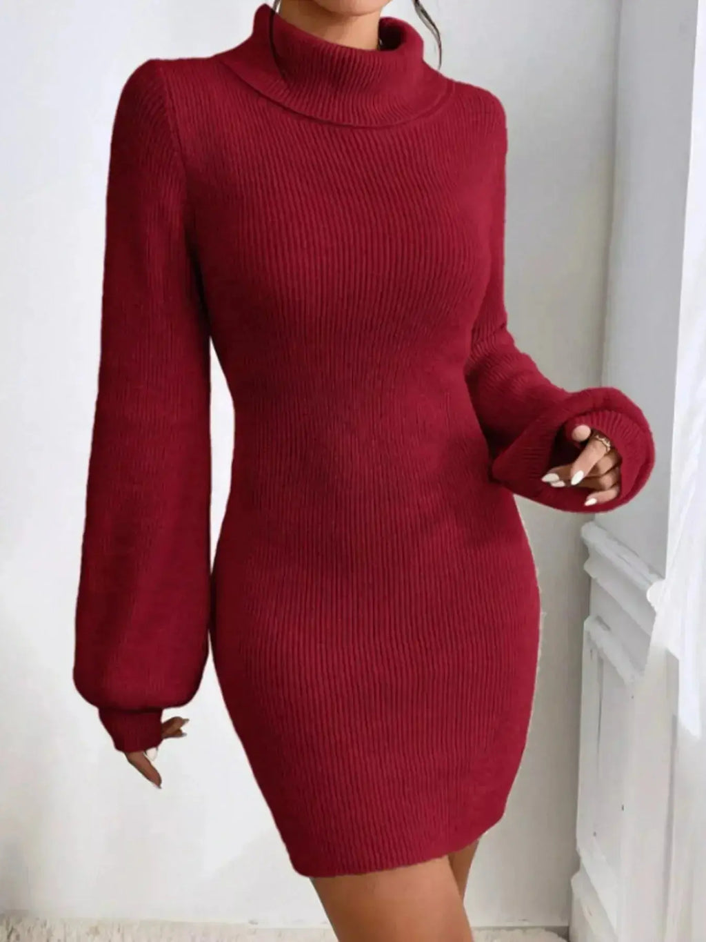 Turtleneck Ribbed Knit Sweater Dress - Plush Fashion Hub