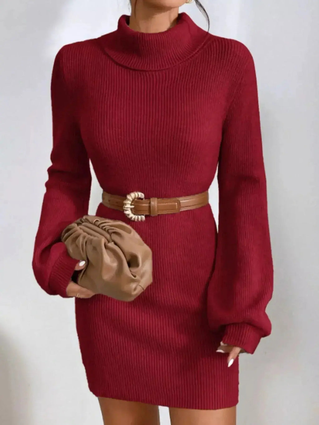 Turtleneck Ribbed Knit Sweater Dress - Plush Fashion Hub