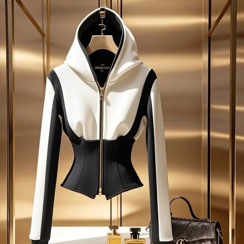 Unique Temperament Hoodie High-Grade Black And White Contrast Color Coat - Plush Fashion Hub
