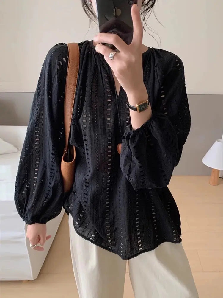 V-neck Embroidered Hollow Jacquard Long-Sleeved Shirt Plush Fashion Hub