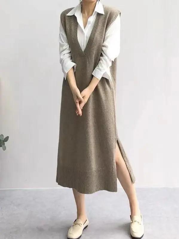 V-neck Knit Split-side Long Dress Plush Fashion Hub