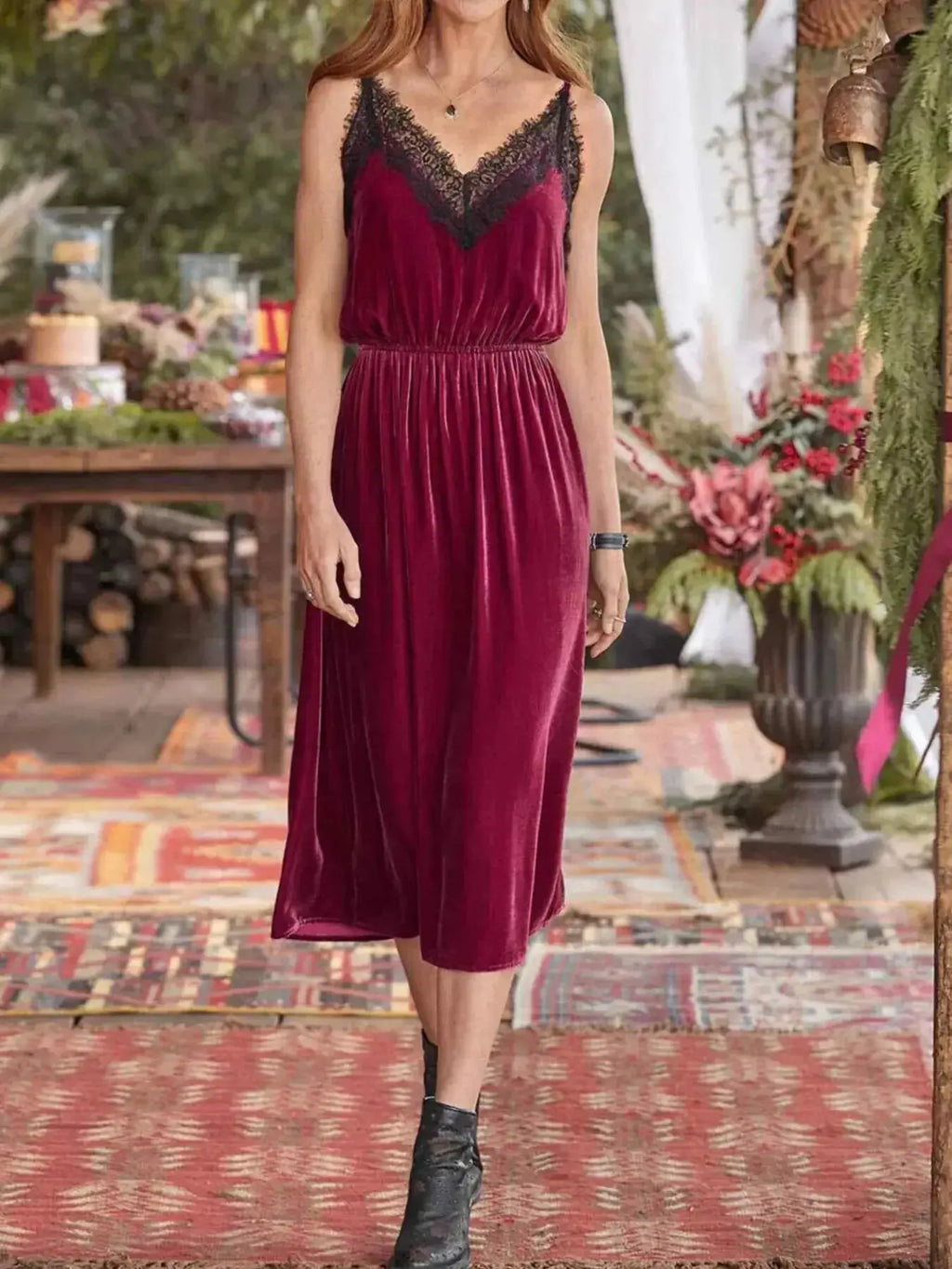 Velvet Cami Lounge Dress with Lace Trim - Plush Fashion Hub