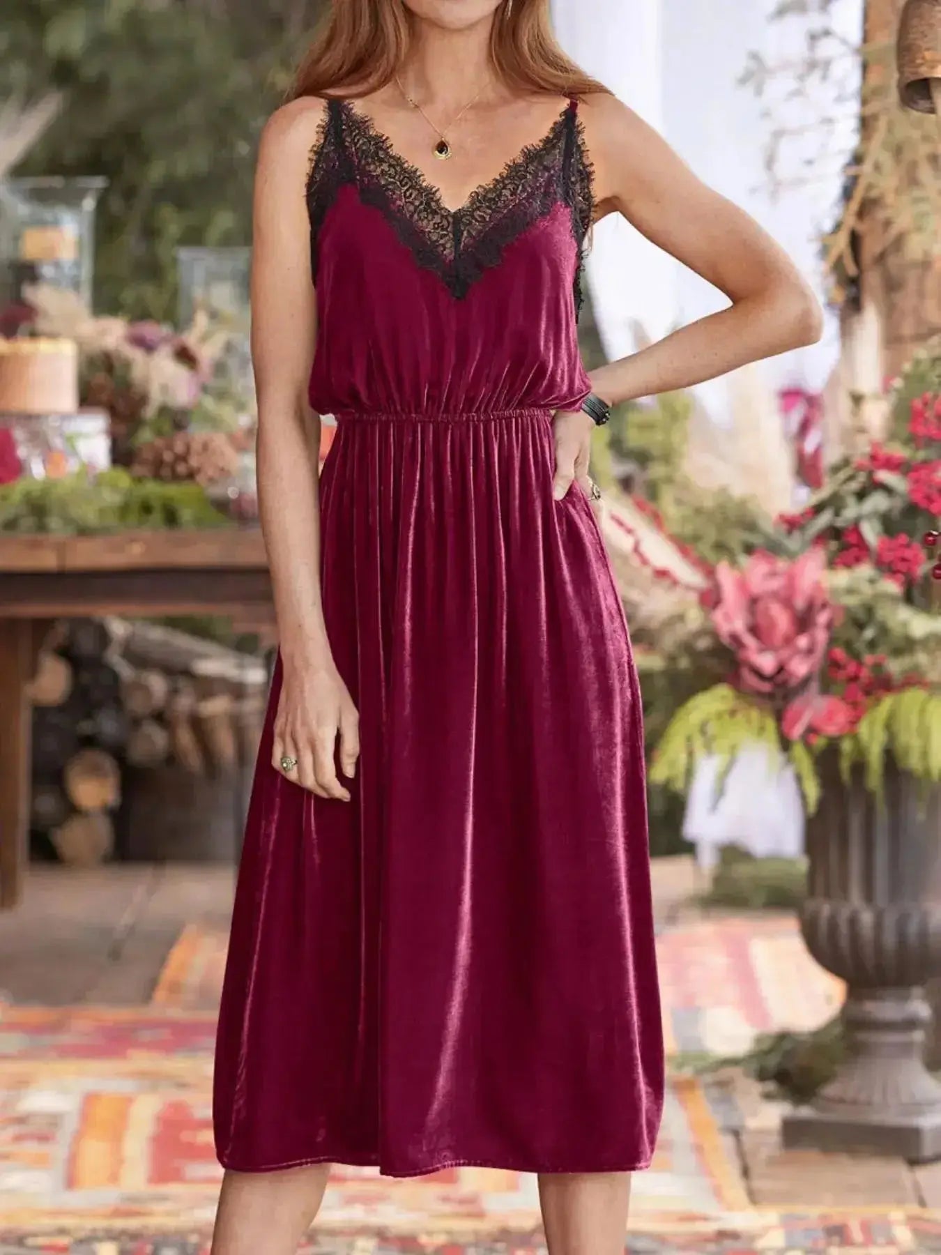 Velvet Cami Lounge Dress with Lace Trim - Plush Fashion Hub