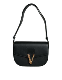Versace Black Grainy Calf Leather Logo Crossbody Shoulder Bag MaraFormigone