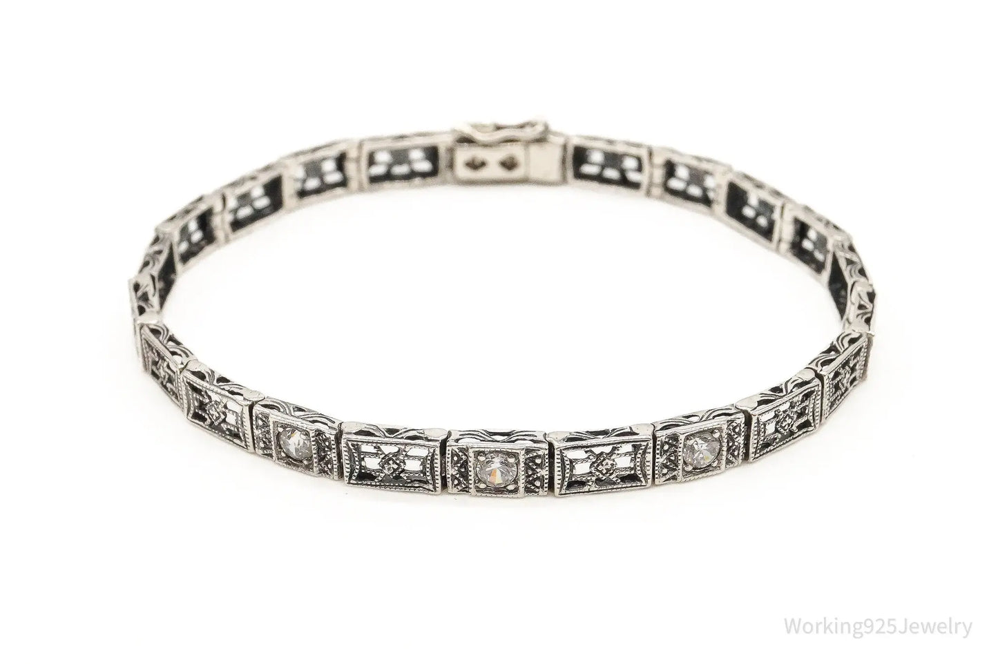 Vintage Cubic Zirconia Art Deco Sterling Silver Bracelet Plush Fashion Hub