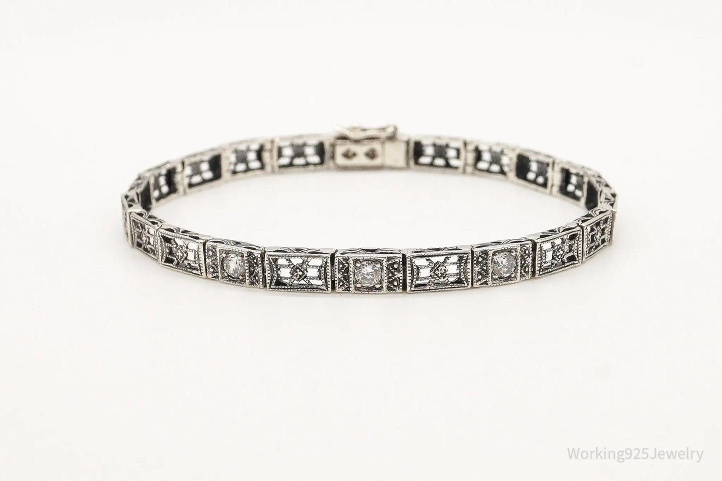 Vintage Cubic Zirconia Art Deco Sterling Silver Bracelet Plush Fashion Hub
