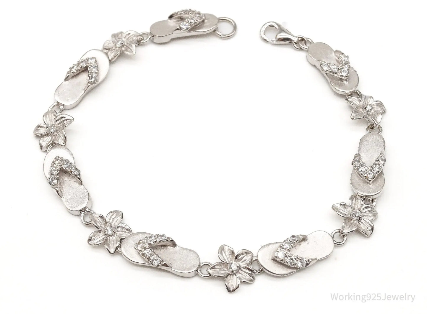 Vintage Cubic Zirconia Sandals & Flowers Sterling Silver Bracelet Plush Fashion Hub