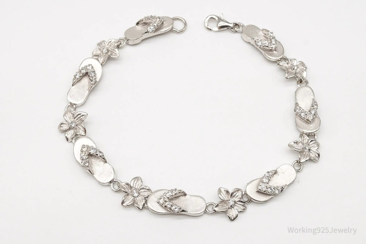 Vintage Cubic Zirconia Sandals & Flowers Sterling Silver Bracelet Plush Fashion Hub