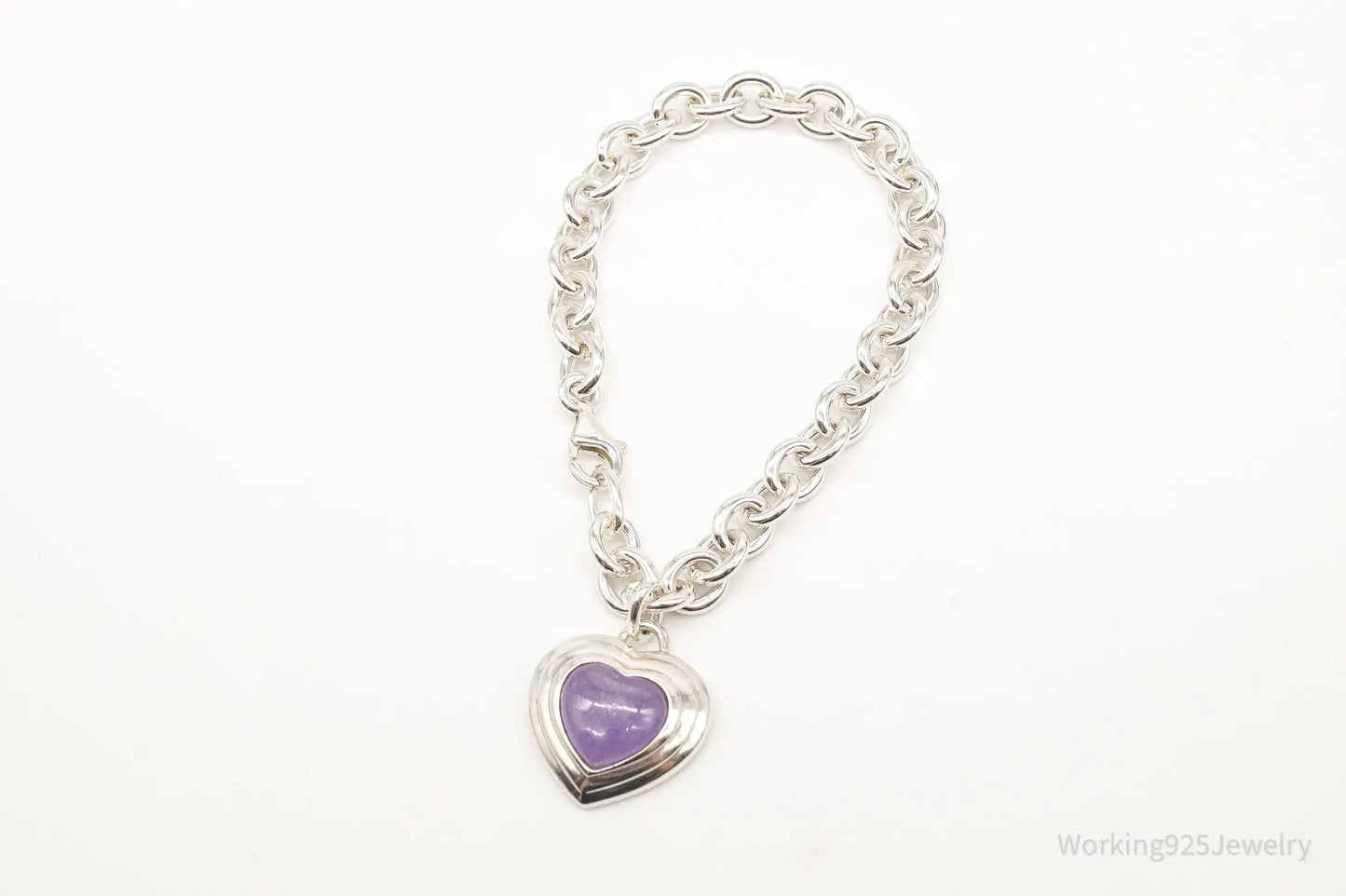 Vintage Designer CNA Lavender Jade Heart Chain Link Sterling Silver Bracelet Plush Fashion Hub