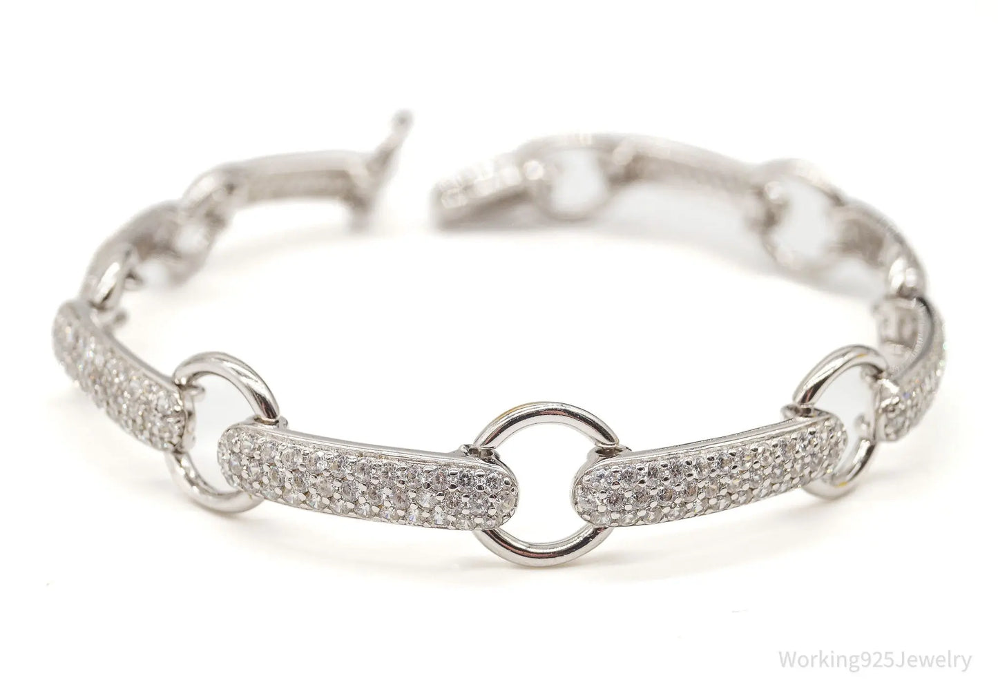 Vintage Designer Cubic Zirconia Open Link Sterling Silver Bracelet Plush Fashion Hub