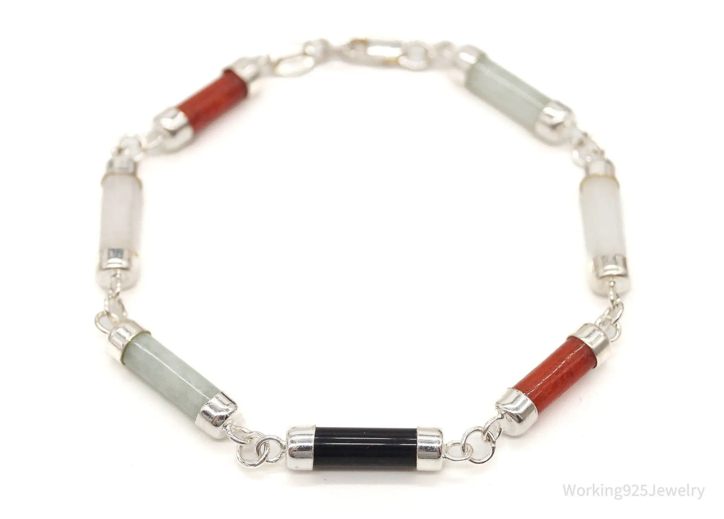 Vintage Jade Coral Black Onyx Sterling Silver Bracelet Plush Fashion Hub