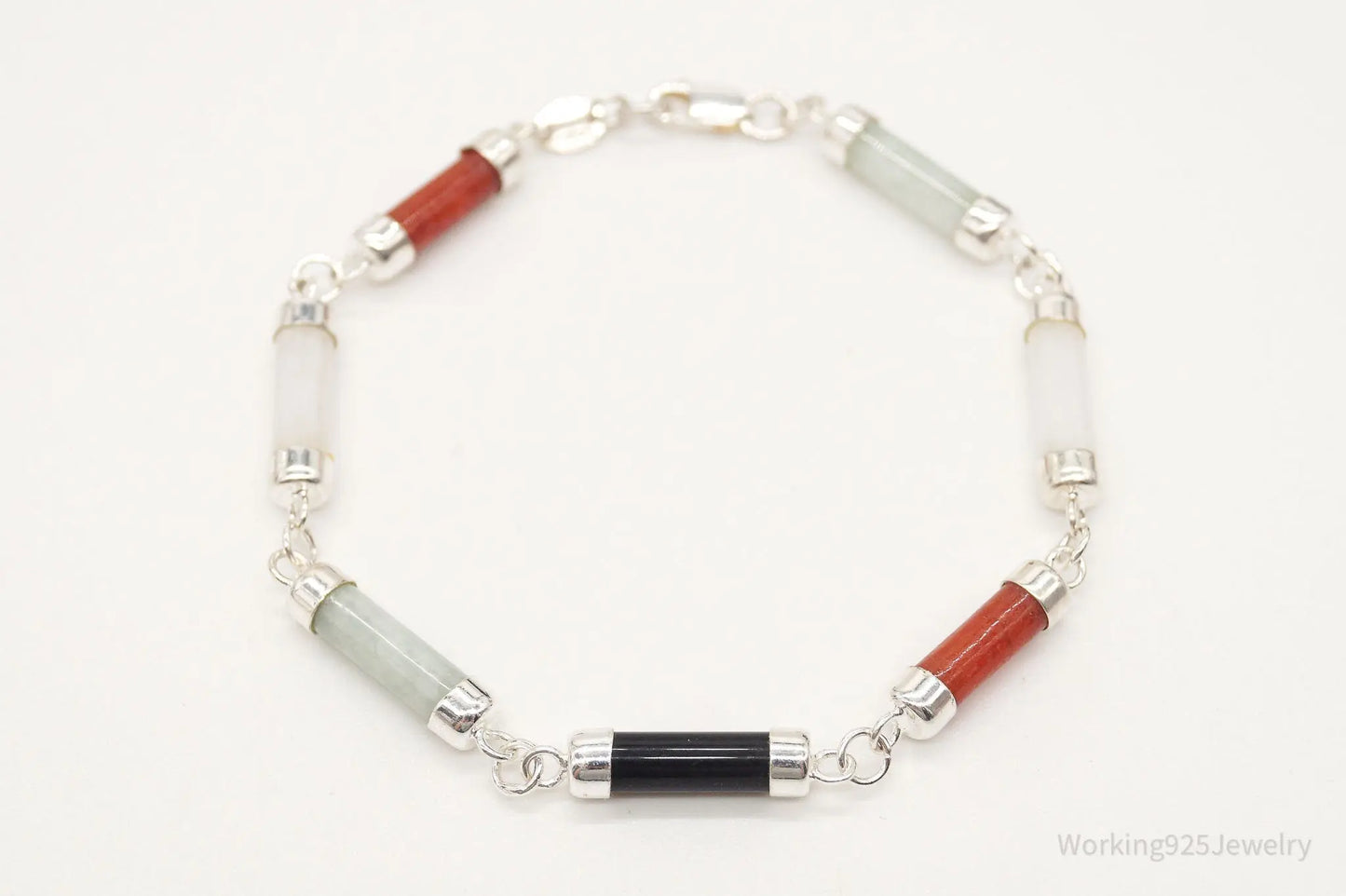 Vintage Jade Coral Black Onyx Sterling Silver Bracelet Plush Fashion Hub