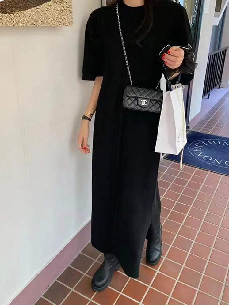 Vintage Textured Short Sleeves Long Slit Sweater Dress Plush Fashion Hub