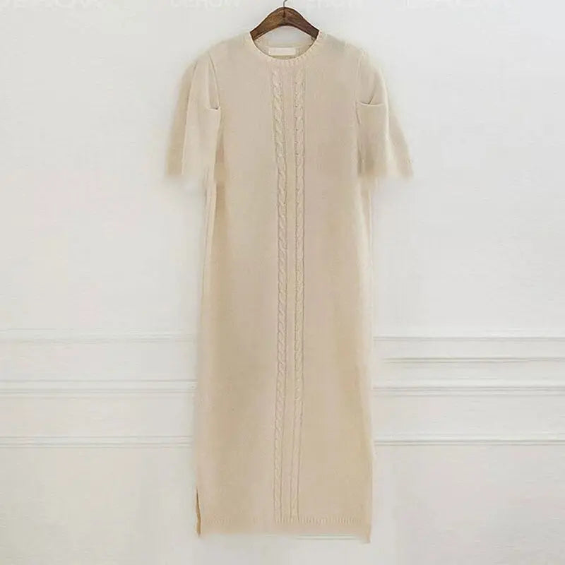 Vintage Textured Short Sleeves Long Slit Sweater Dress Plush Fashion Hub