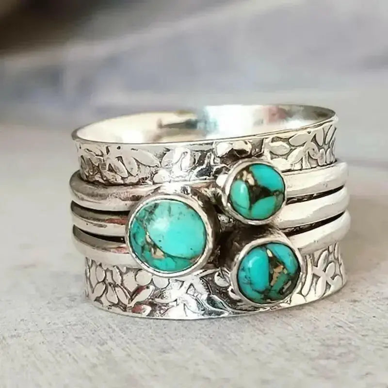 Vintage Three-eye Turquoise Hammered Ring - Plush Fashion Hub