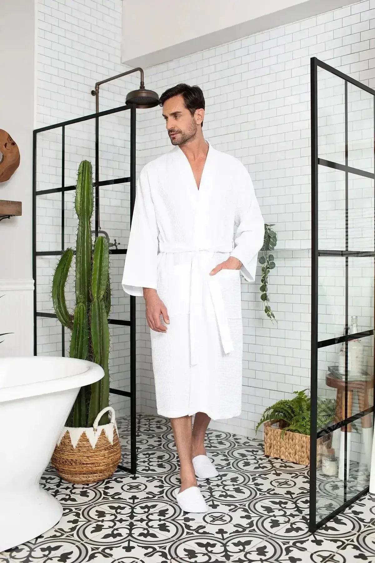 Waffle Spa Bathrobe for Men - Absorbent, Lightweight - Plush Fashion Hub