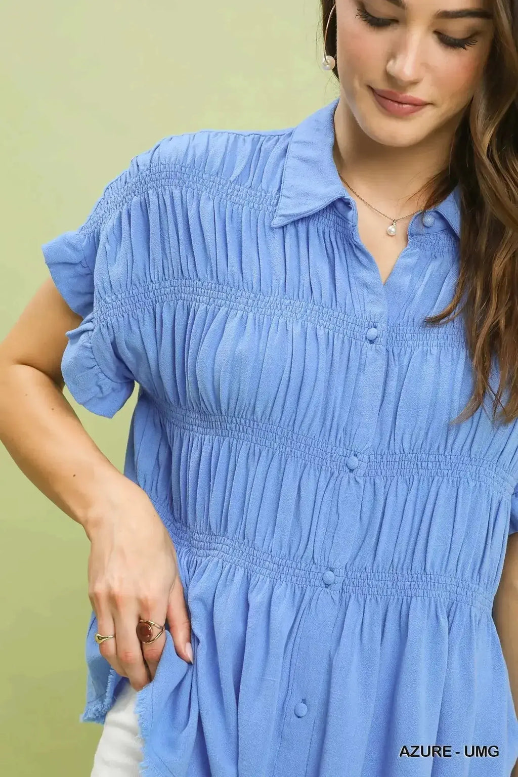Umgee Washed Linen Blend Smocked Shirt - Plush Fashion Hub
