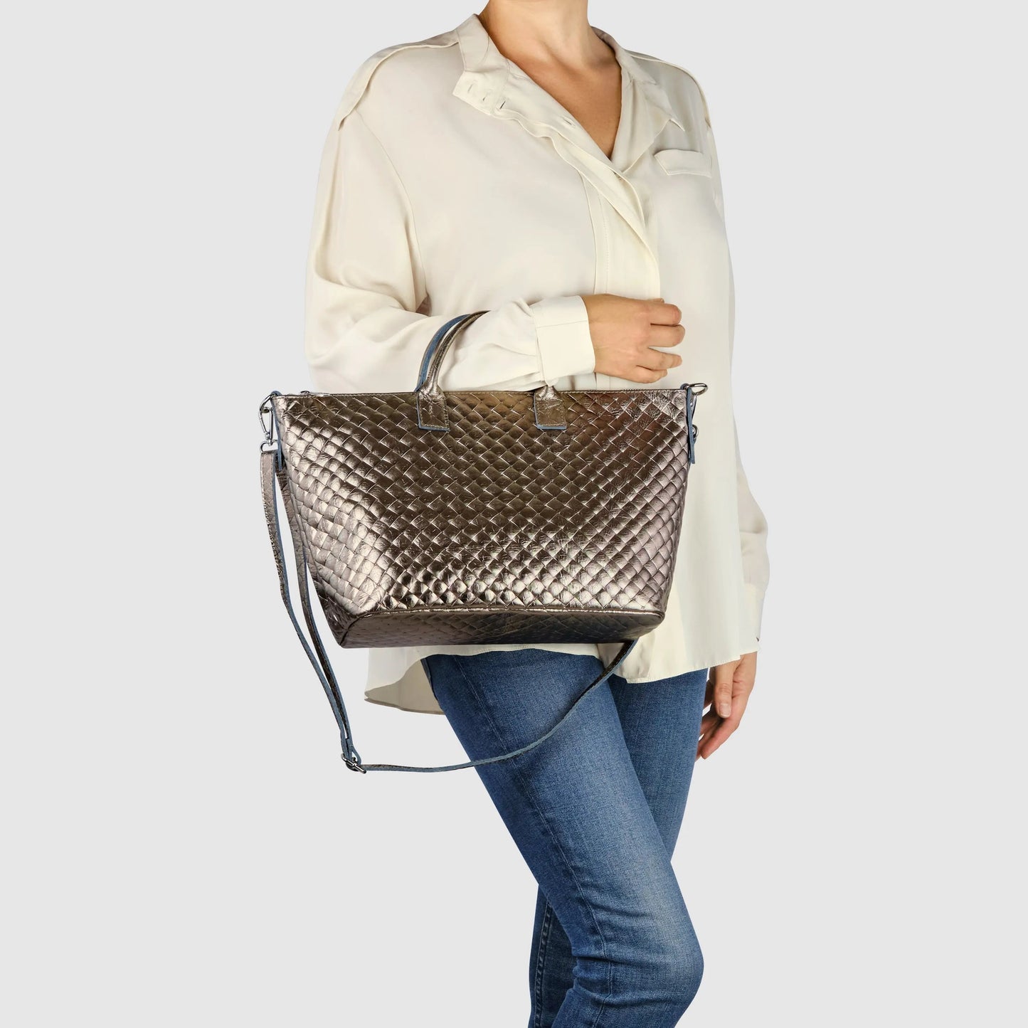 Weave Metallic Suede Leather Top-Handle Bag TAKEASY