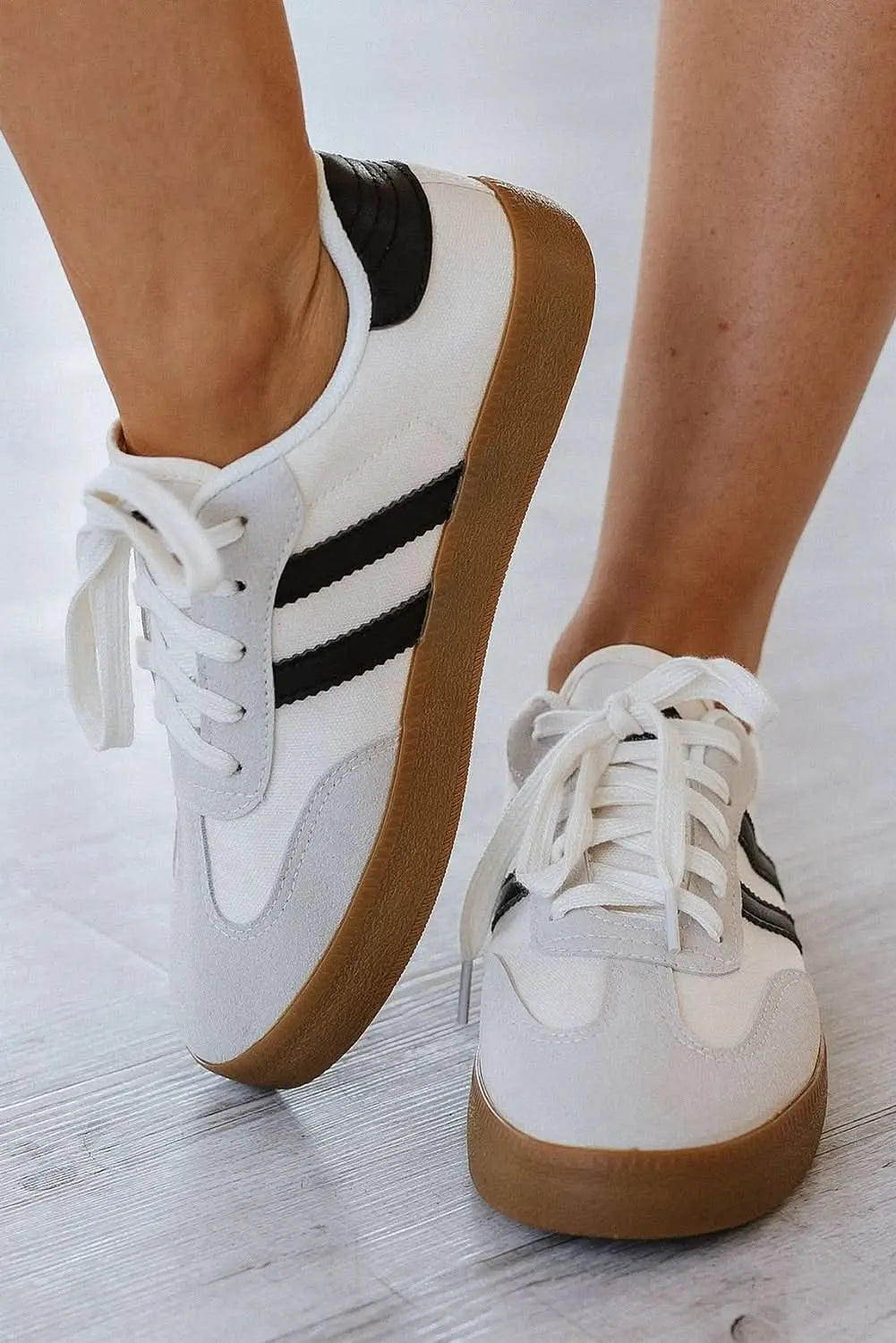 White Striped Lace Up Flat Sneakers For Everyday Comfort Gilded Glamour Shop