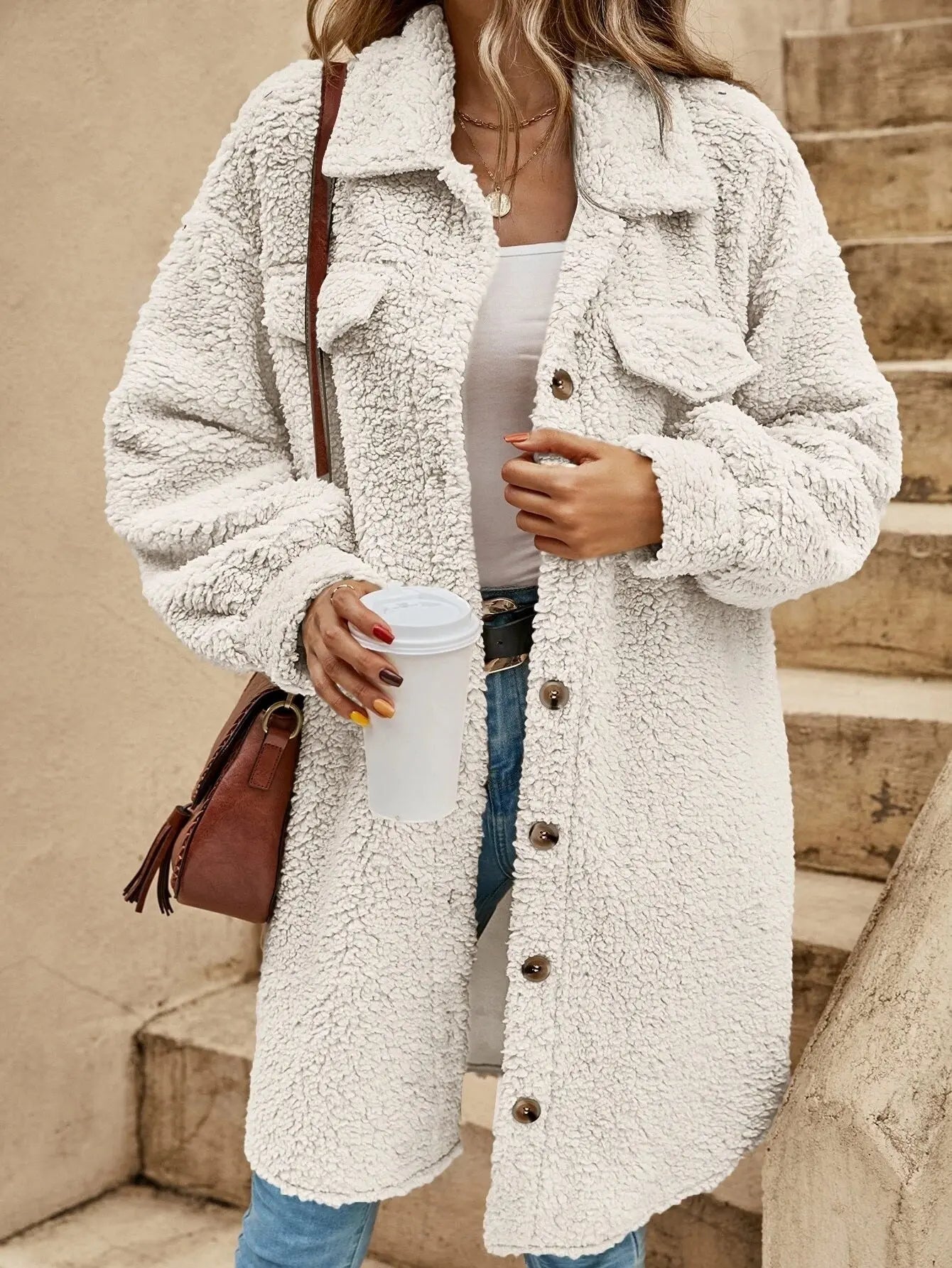 Winter Open Buckle Collared Plush Coat Loose Office Long Cut Coat Women Perfecsy