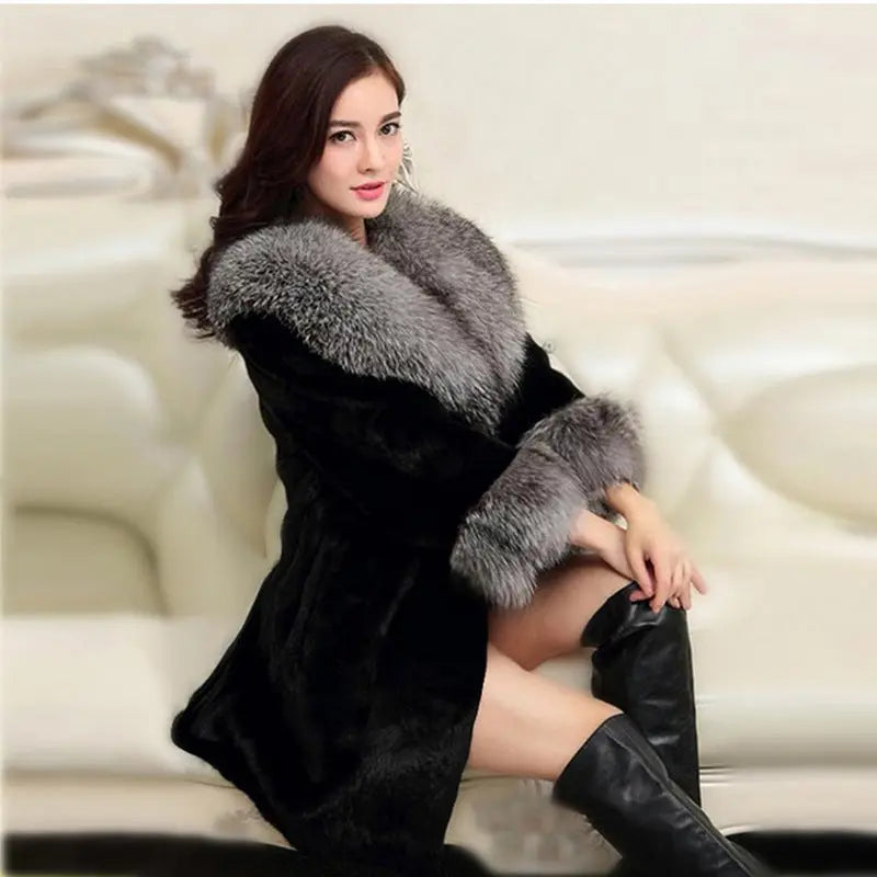 Women Autumn Winter Special Fur Coat Artificial Mink Hair Women Long Cut Coat Fox Fur Big Fur Collar Perfecsy