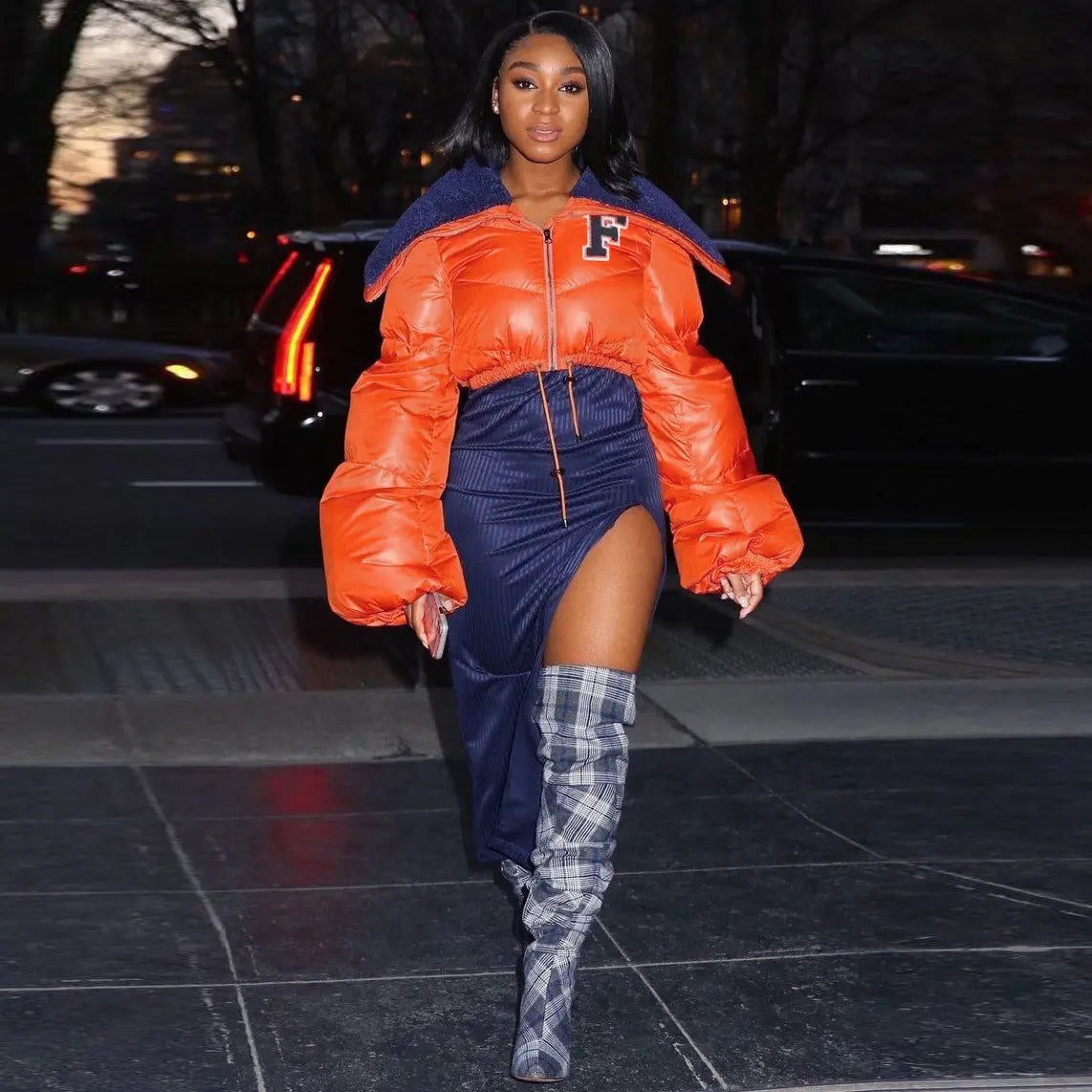 Women Clothing Autumn Winter Letter Graphic Embroidery North Cotton Padded Casual Polar Fleece Large Collared Jacket Coat Perfecsy