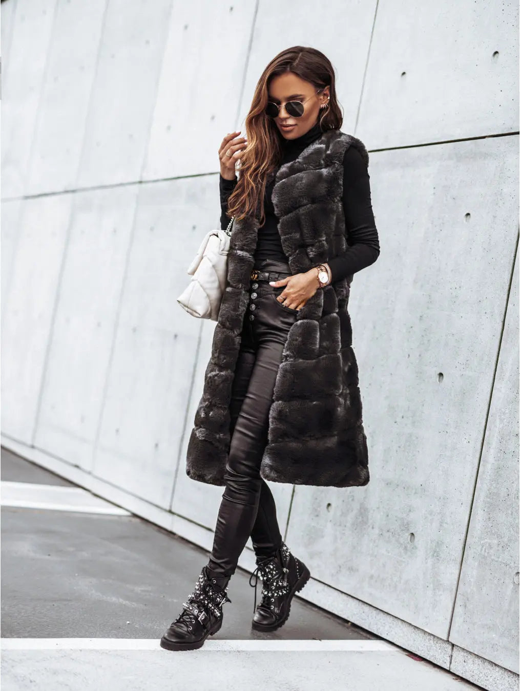 Women Clothing Autumn Winter round Neck Fur Vests Long Vest Coat Perfecsy