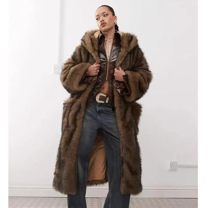 Women Fur Coat Winter Warm Faux Fur Coat Young Wolf Fur Color Hooded Warm Trench Coat Perfecsy