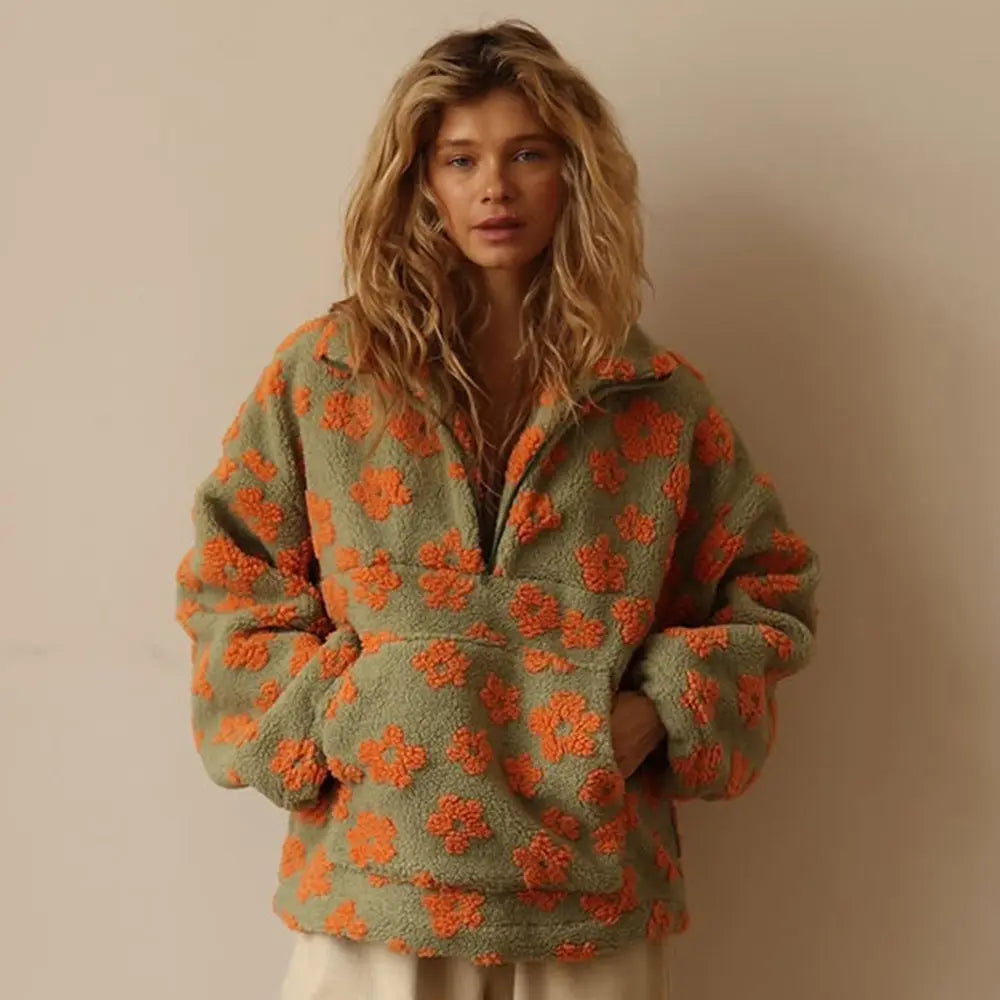 Women Polar Fleece Floral Autumn Winter Sweater Warm Furry Fleece Pullover Perfecsy