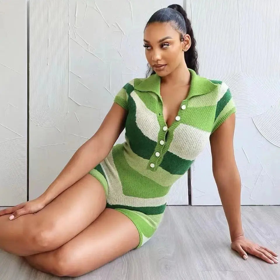 Women Short Sleeve Collared Casual Knitted Jumpsuit Color Contrast Sexy Tight Romper Perfecsy
