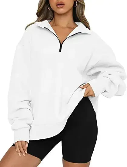 Women Sweatshirts Zip Turndown Collar Loose Casual Tops - Plush Fashion Hub