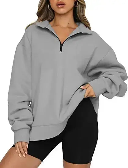 Women Sweatshirts Zip Turndown Collar Loose Casual Tops - Plush Fashion Hub
