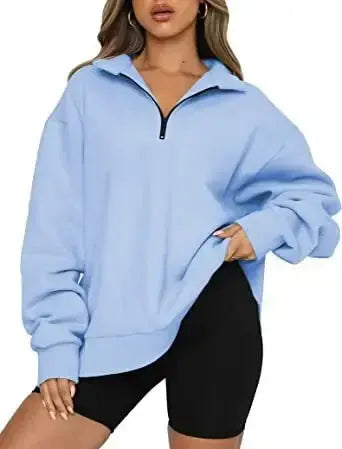 Women Sweatshirts Zip Turndown Collar Loose Casual Tops - Plush Fashion Hub