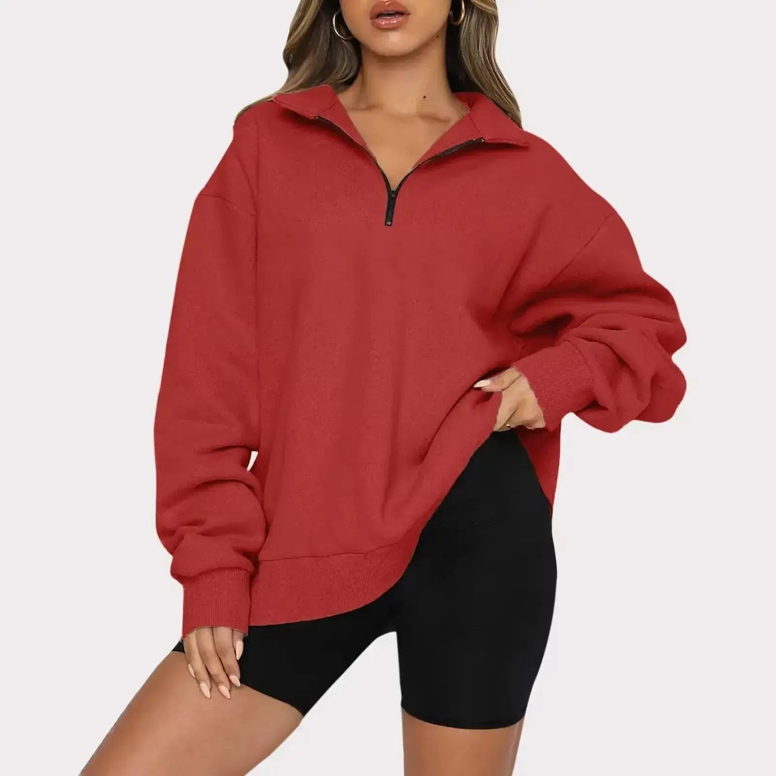 Women Sweatshirts Zip Turndown Collar Loose Casual Tops - Plush Fashion Hub