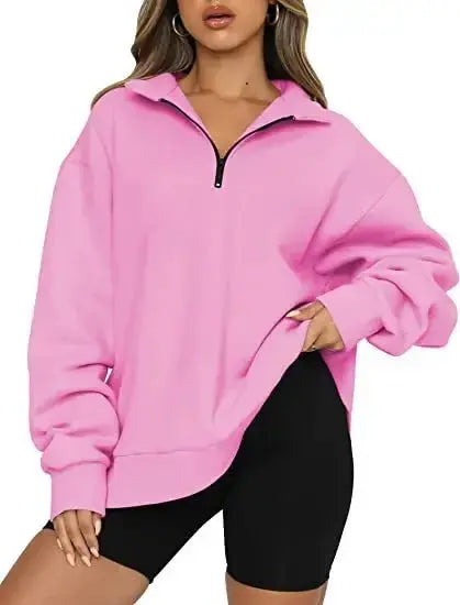 Women Sweatshirts Zip Turndown Collar Loose Casual Tops - Plush Fashion Hub