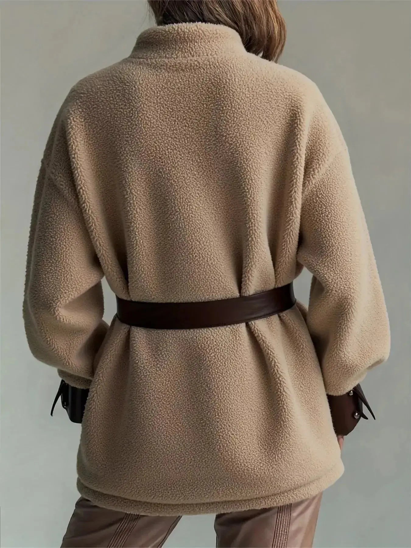 Leather Trim Sherpa Outerwear with Pockets - Plush Fashion Hub