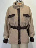 Leather Trim Sherpa Outerwear with Pockets - Plush Fashion Hub