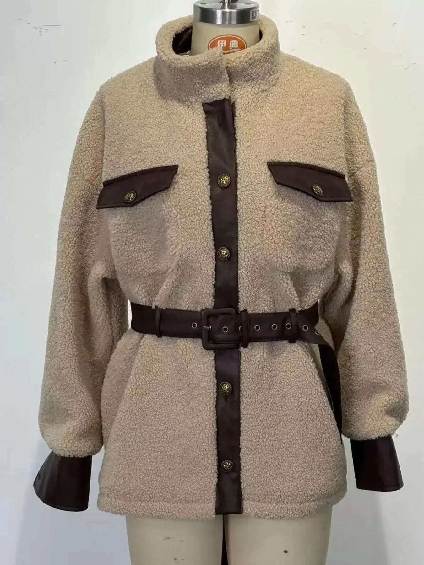 Leather Trim Sherpa Outerwear with Pockets - Plush Fashion Hub