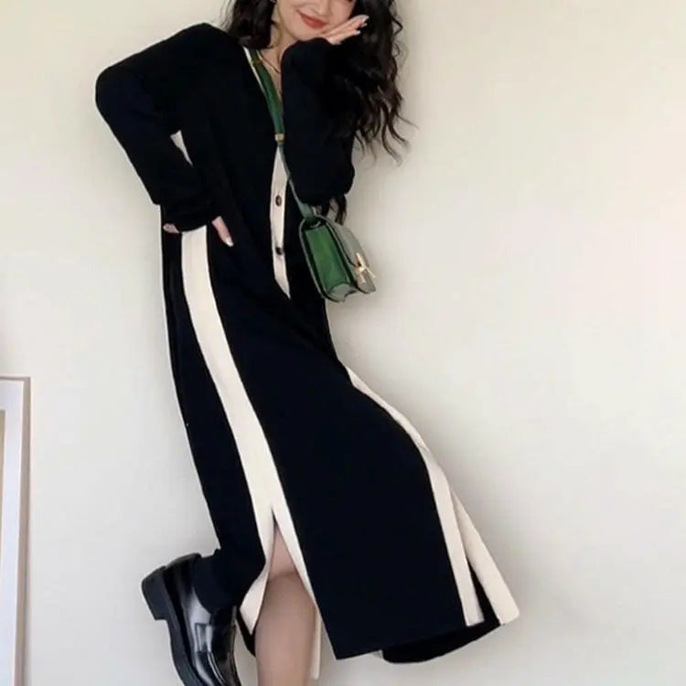 Women's Black Long Cardigan Knitted Dress - Plush Fashion Hub