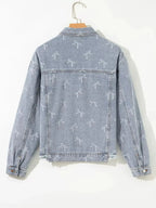 Bow Knot Print Light Wash Raw Hem Denim Jacket - Plush Fashion Hub