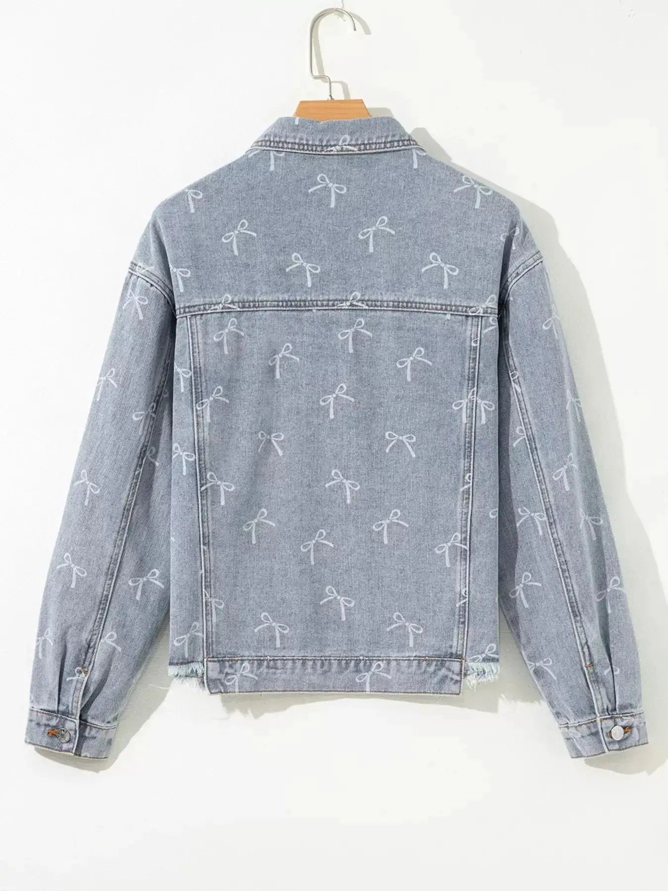 Bow Knot Print Light Wash Raw Hem Denim Jacket - Plush Fashion Hub