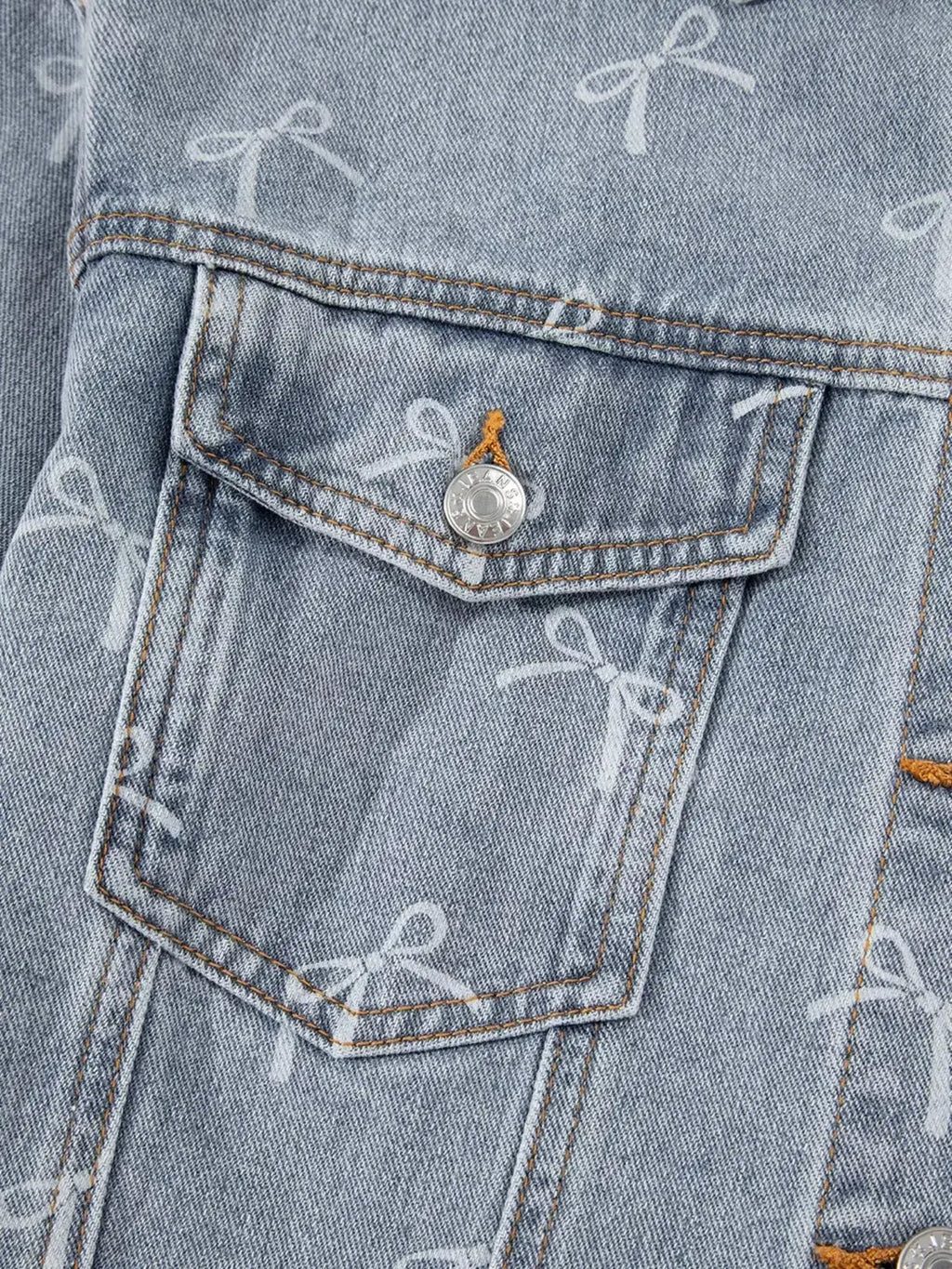 Bow Knot Print Light Wash Raw Hem Denim Jacket - Plush Fashion Hub