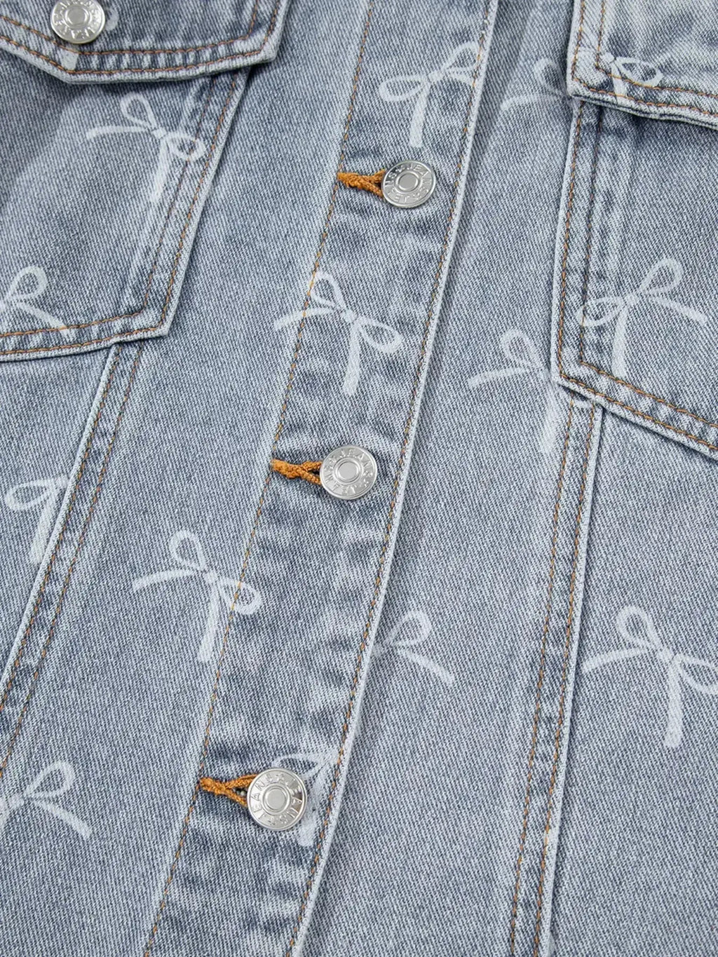 Bow Knot Print Light Wash Raw Hem Denim Jacket - Plush Fashion Hub