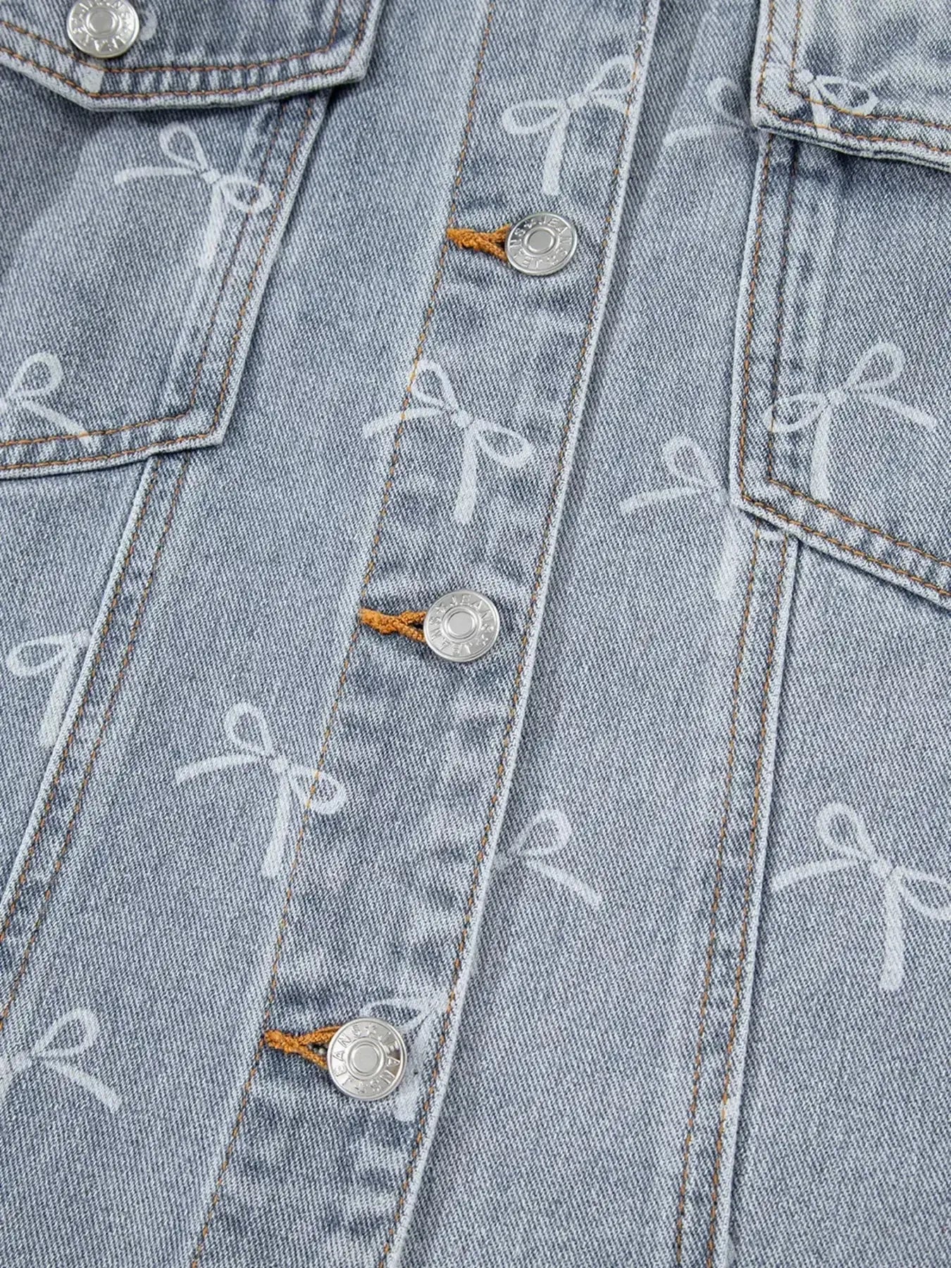 Bow Knot Print Light Wash Raw Hem Denim Jacket - Plush Fashion Hub