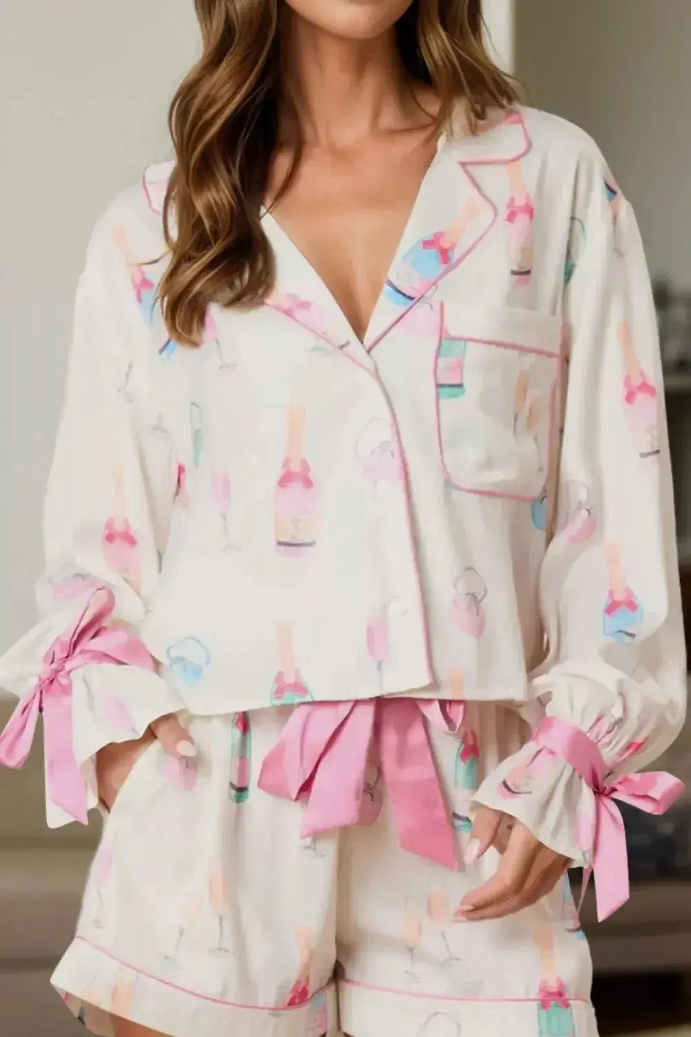 Bow Printed Collared Neck Top and Drawstring Shorts Lounge Set - Plush Fashion Hub