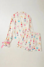 Bow Printed Collared Neck Top and Drawstring Shorts Lounge Set - Plush Fashion Hub