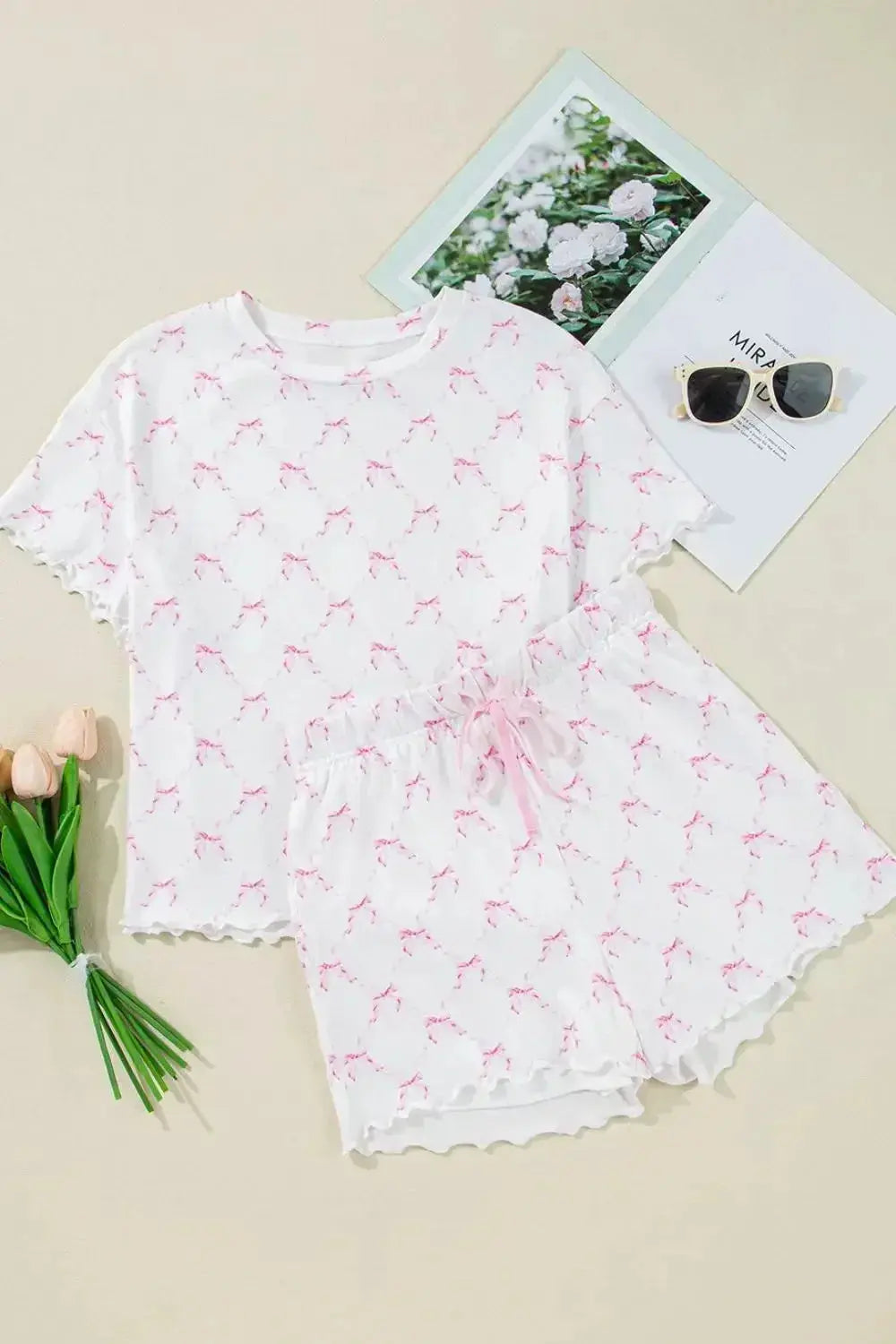Bow Print Lettuce Trim Round Neck Top and Shorts Lounge Set - Plush Fashion Hub