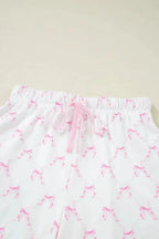 Bow Print Lettuce Trim Round Neck Top and Shorts Lounge Set - Plush Fashion Hub