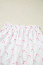 Bow Print Lettuce Trim Round Neck Top and Shorts Lounge Set - Plush Fashion Hub