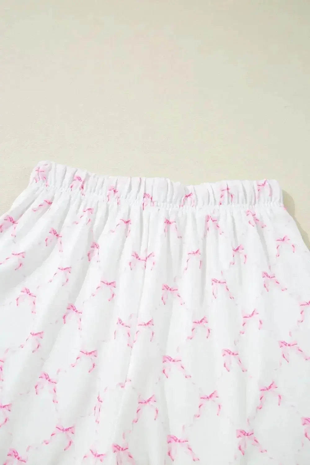 Bow Print Lettuce Trim Round Neck Top and Shorts Lounge Set - Plush Fashion Hub